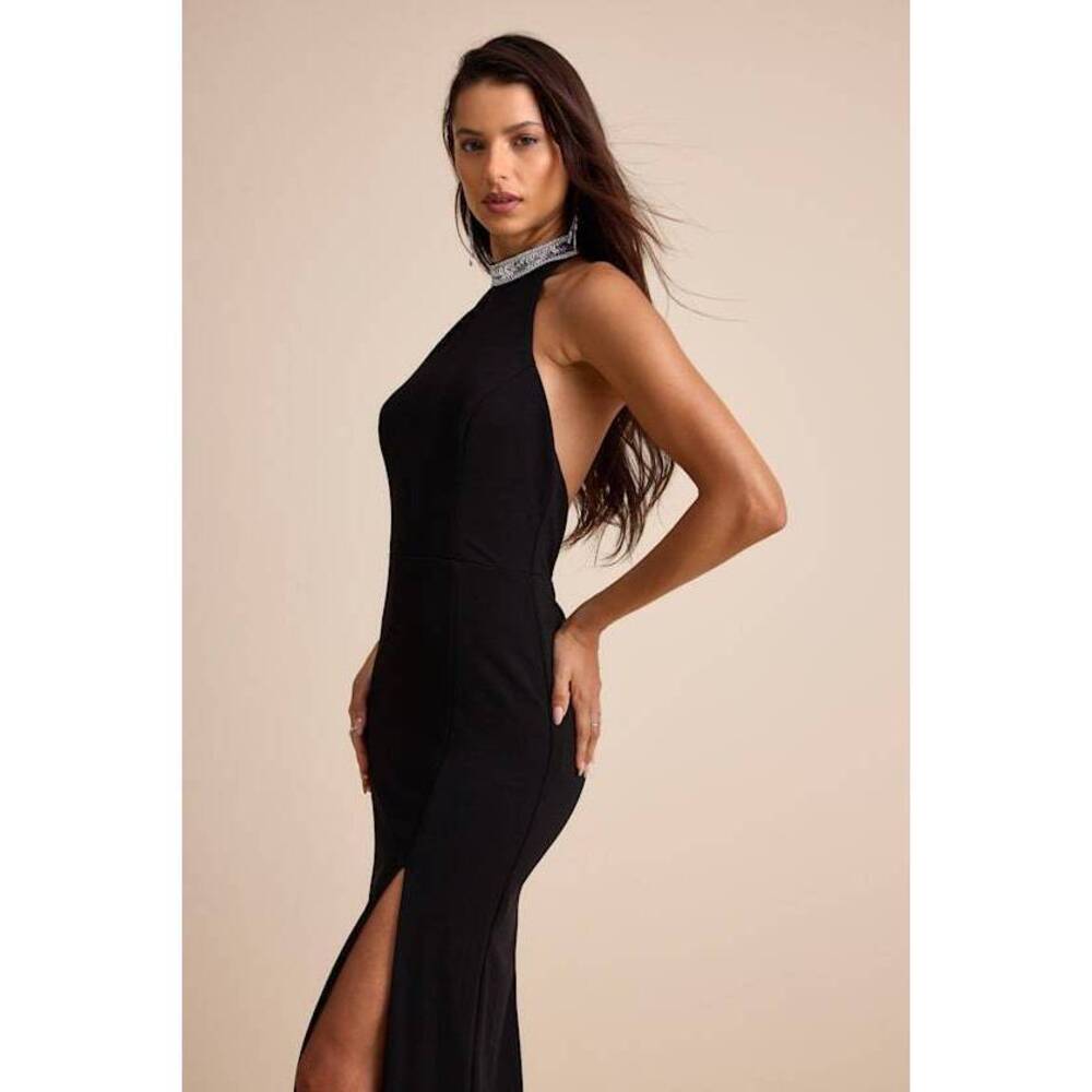 Lulu's Black Halter Maxi Dress with Embellished Collar